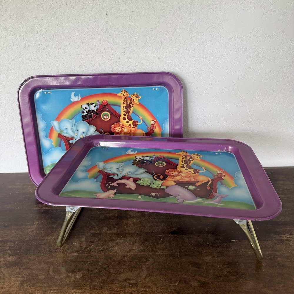 Vtg 1980s Noahs Ark Metal TV Lap Tray Set 2 Kids Folding Legs Purple Animal Bed